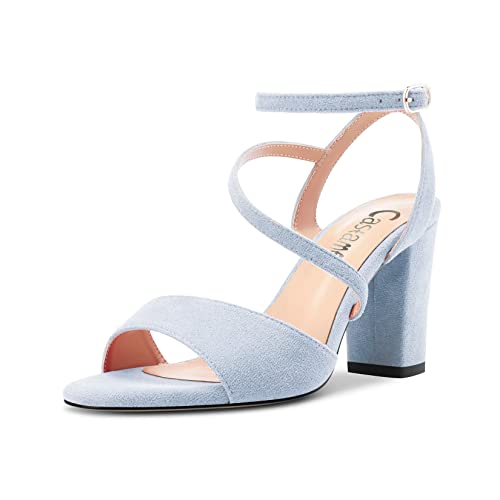 Castamere Damen Chunky Blockabsatz Hoher High Absatz Heel Peep Open Zehenkappe Knöchelriemen Sandalen Dress Hochzeit 8 CM Heels Hellblau Wildleder 37 EU von Castamere