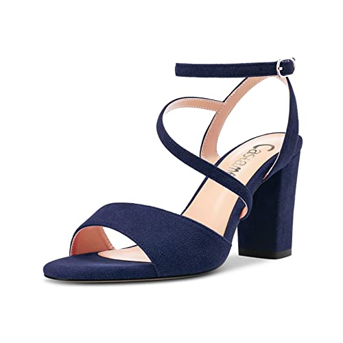 Castamere Damen Chunky Blockabsatz Hoher High Absatz Heel Peep Open Zehenkappe Knöchelriemen Sandalen Dress Hochzeit 8 CM Heels Navy Blau Wildleder 36 EU von Castamere