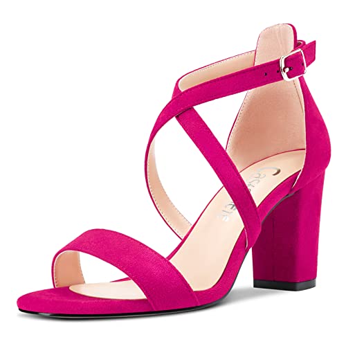 Castamere Damen Chunky Blockabsatz Hoher High Absatz Heel Peep Open Zehenkappe Sandalen Kreuzriemen Schnalle Hochzeit Sexy Dress Schuhe Magenta Rot 35 EU von Castamere