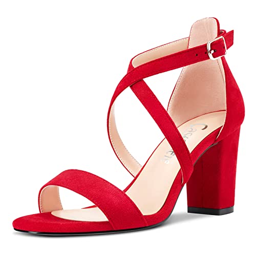 Castamere Damen Chunky Blockabsatz Hoher High Absatz Heel Peep Open Zehenkappe Sandalen Kreuzriemen Schnalle Hochzeit Sexy Dress Schuhe Rot 43 EU von Castamere