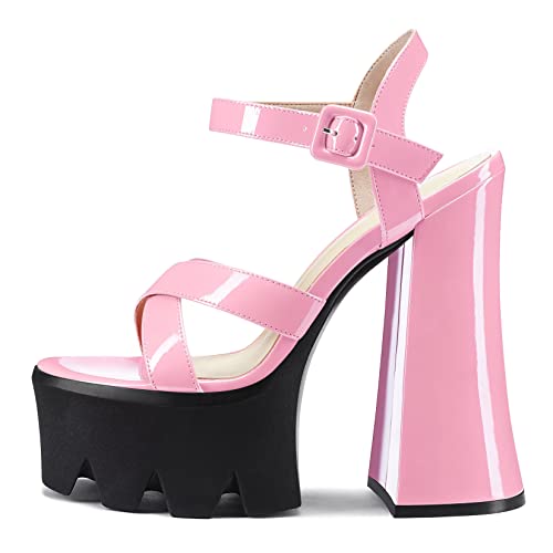 Castamere Damen Chunky Blockabsatz Hoher High Absatz Heel Plateau Plattform 14 CM Heels Peep Open Zehenkappe Knöchelriemen Sandalen Hochzeit Party Rosa B 37 EU von Castamere