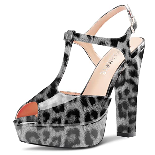 Castamere Damen Chunky Blockabsatz Hoher High Absatz Heel Plateau Plattform Peep Open Zehenkappe Knöchelriemen Slingback Sandalen T-strap Schnalle 13 CM Heels Grau Leopard 39 EU von Castamere