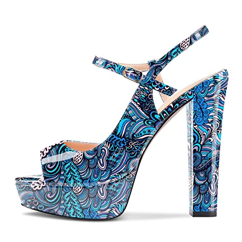 Castamere Damen Chunky Blockabsatz Hoher High Absatz Heel Plateau Plattform Peep Open Zehenkappe Sandalen Knöchelriemen Slingback Slip-on Party Schuhe 13 CM Heels Blau Mehrfarbig 35 EU von Castamere