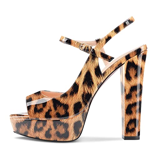Castamere Damen Chunky Blockabsatz Hoher High Absatz Heel Plateau Plattform Peep Open Zehenkappe Sandalen Knöchelriemen Slingback Slip-on Party Schuhe 13 CM Heels Braun Leopard 43 EU von Castamere