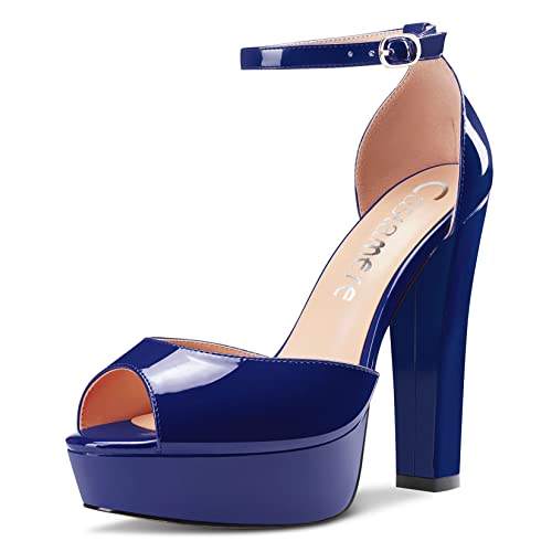 Castamere Damen Chunky Blockabsatz Hoher High Absatz Heel Plateau Plattform Peep Open Zehenkappe Sandalen Knöchelriemen Two-Piece Hochzeit 13 CM Heels Pumps Navy Blau 38 EU von Castamere