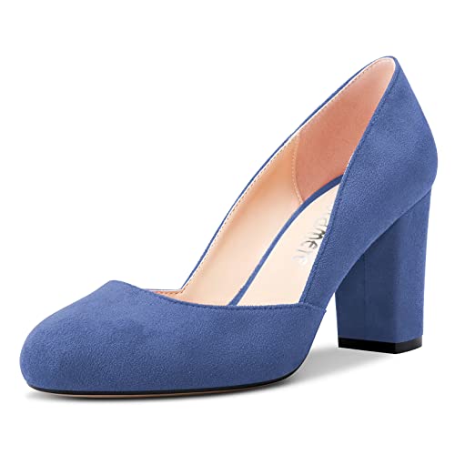 Castamere Damen Chunky Blockabsatz Hoher High Absatz Heel Runde Zehenkappe Pumps Slip-on Büroschuhe Party Dress 8.5 cm Heels Schuhe Blau 43 EU von Castamere