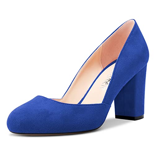 Castamere Damen Chunky Blockabsatz Hoher High Absatz Heel Runde Zehenkappe Pumps Slip-on Büroschuhe Party Dress 8.5 cm Heels Schuhe Blau A 44 EU von Castamere