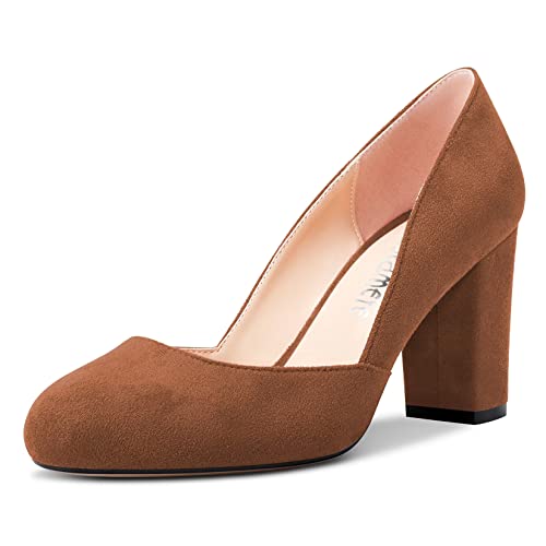 Castamere Damen Chunky Blockabsatz Hoher High Absatz Heel Runde Zehenkappe Pumps Slip-on Büroschuhe Party Dress 8.5 cm Heels Schuhe Braun A 37 EU von Castamere