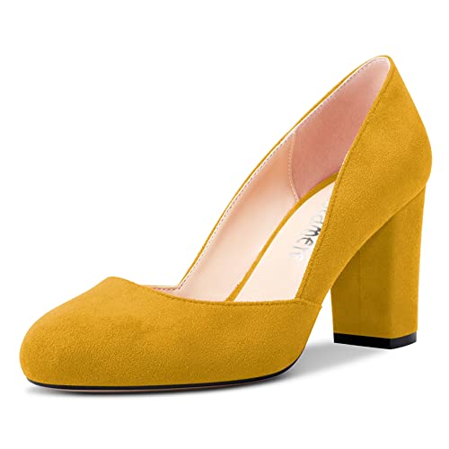 Castamere Damen Chunky Blockabsatz Hoher High Absatz Heel Runde Zehenkappe Pumps Slip-on Büroschuhe Party Dress 8.5 cm Heels Schuhe Gelb 39 EU von Castamere