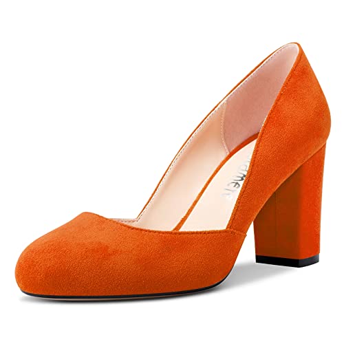 Castamere Damen Chunky Blockabsatz Hoher High Absatz Heel Runde Zehenkappe Pumps Slip-on Büroschuhe Party Dress 8.5 cm Heels Schuhe Orange 37 EU von Castamere