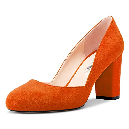 Castamere Damen Chunky Blockabsatz Hoher High Absatz Heel Runde Zehenkappe Pumps Slip-on Büroschuhe Party Dress 8.5 cm Heels Schuhe Orange 41 EU von Castamere