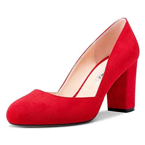 Castamere Damen Chunky Blockabsatz Hoher High Absatz Heel Runde Zehenkappe Pumps Slip-on Büroschuhe Party Dress 8.5 cm Heels Schuhe Rot 38 EU von Castamere