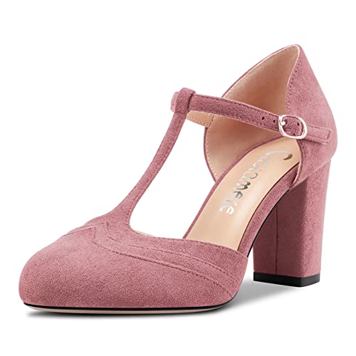 Castamere Damen Chunky Blockabsatz Hoher High Absatz Heel Runde Zehenkappe Pumps T-Strap Schnalle Hochzeit Büroschuhe 8.5 cm Heels Rosa A 35 EU von Castamere