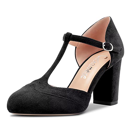 Castamere Damen Chunky Blockabsatz Hoher High Absatz Heel Runde Zehenkappe Pumps T-Strap Schnalle Hochzeit Büroschuhe 8.5 cm Heels Schwarz 39 EU von Castamere