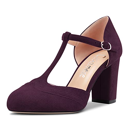 Castamere Damen Chunky Blockabsatz Hoher High Absatz Heel Runde Zehenkappe Pumps T-Strap Schnalle Hochzeit Büroschuhe 8.5 cm Heels Violett A 39 EU von Castamere