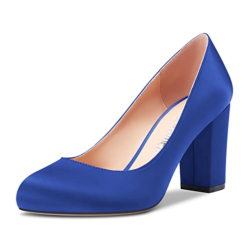 Castamere Damen Chunky Blockabsatz Hoher High Absatz Heel Runde Zehenkappe Slip-on Pumps Hochzeit Party Dress 8 cm Heels Schuhe Blau Satin 38 EU von Castamere