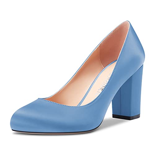 Castamere Damen Chunky Blockabsatz Hoher High Absatz Heel Runde Zehenkappe Slip-on Pumps Hochzeit Party Dress 8 cm Heels Schuhe Hellblau Satin 39 EU von Castamere
