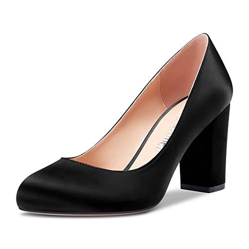 Castamere Damen Chunky Blockabsatz Hoher High Absatz Heel Runde Zehenkappe Slip-on Pumps Hochzeit Party Dress 8 cm Heels Schuhe Schwarz Satin 41 EU von Castamere