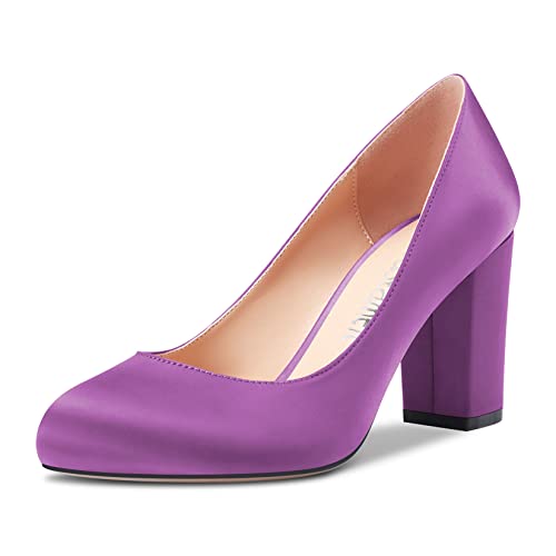 Castamere Damen Chunky Blockabsatz Hoher High Absatz Heel Runde Zehenkappe Slip-on Pumps Hochzeit Party Dress 8 cm Heels Schuhe Violett Satin 38 EU von Castamere
