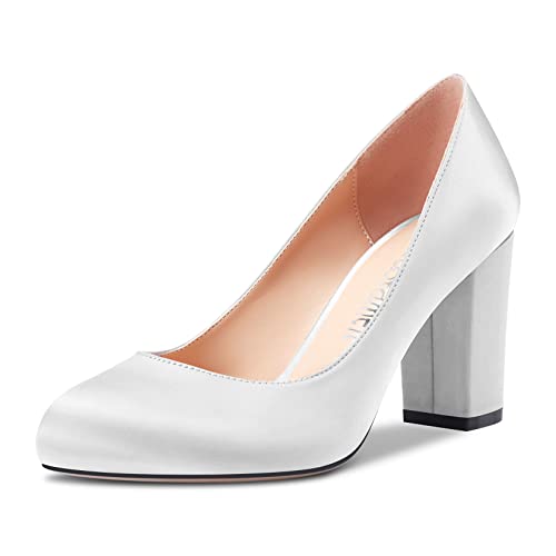 Castamere Damen Chunky Blockabsatz Hoher High Absatz Heel Runde Zehenkappe Slip-on Pumps Hochzeit Party Dress 8 cm Heels Schuhe Weiß Satin 35 EU von Castamere