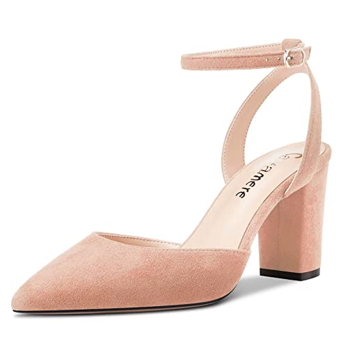 Castamere Damen Chunky Blockabsatz Hoher High Absatz Heel Spitze Zehenkappe Knöchelriemen Two-Piece Pumps Hochzeit Dress 8 cm Heels Beige 39 EU von Castamere