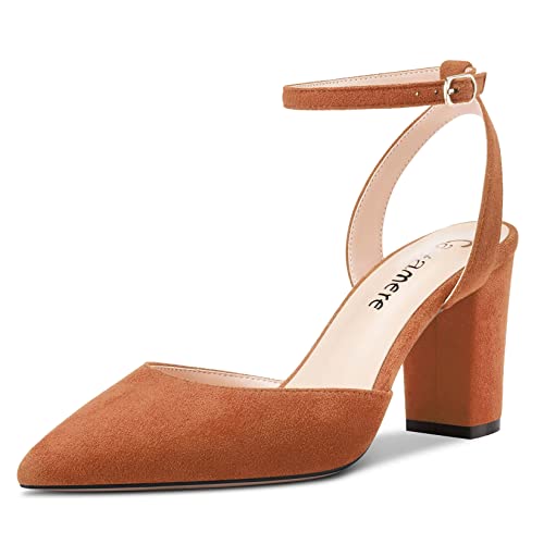 Castamere Damen Chunky Blockabsatz Hoher High Absatz Heel Spitze Zehenkappe Knöchelriemen Two-Piece Pumps Hochzeit Dress 8 cm Heels Braun 36 EU von Castamere