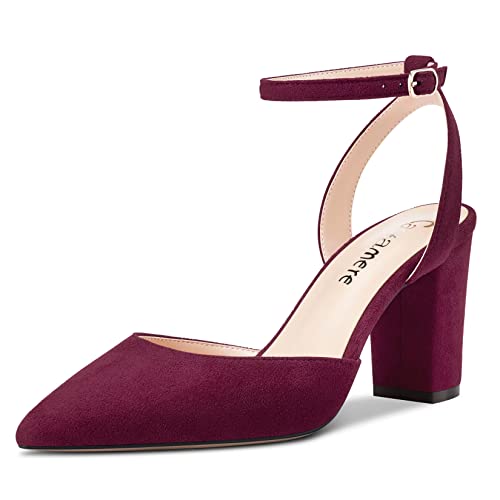 Castamere Damen Chunky Blockabsatz Hoher High Absatz Heel Spitze Zehenkappe Knöchelriemen Two-Piece Pumps Hochzeit Dress 8 cm Heels Burgunderrot 38 EU von Castamere