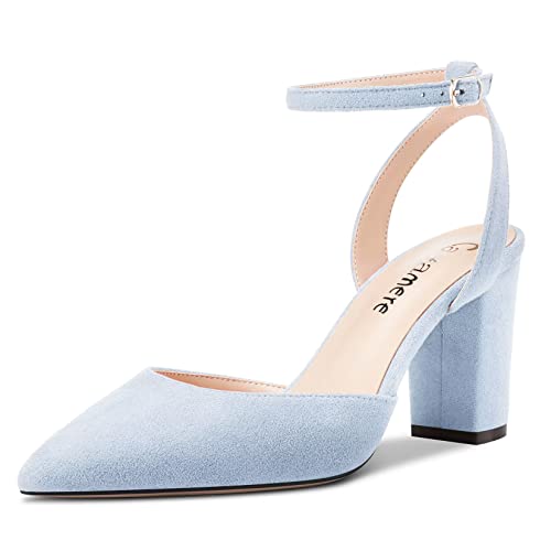 Castamere Damen Chunky Blockabsatz Hoher High Absatz Heel Spitze Zehenkappe Knöchelriemen Two-Piece Pumps Hochzeit Dress 8 cm Heels Hellblau 36 EU von Castamere