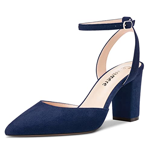 Castamere Damen Chunky Blockabsatz Hoher High Absatz Heel Spitze Zehenkappe Knöchelriemen Two-Piece Pumps Hochzeit Dress 8 cm Heels Marineblau 35 EU von Castamere