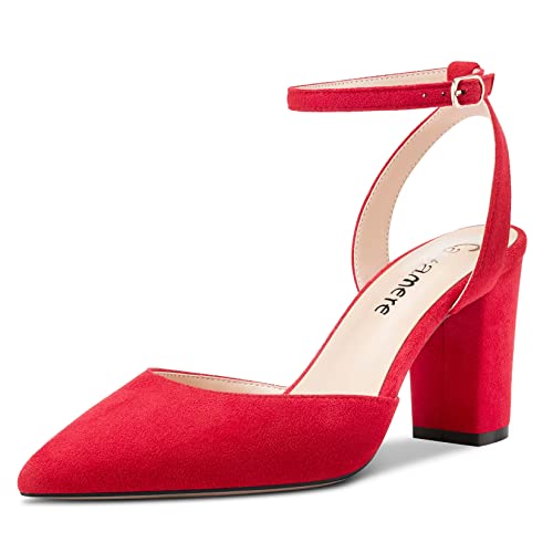 Castamere Damen Chunky Blockabsatz Hoher High Absatz Heel Spitze Zehenkappe Knöchelriemen Two-Piece Pumps Hochzeit Dress 8 cm Heels Rot 38 EU von Castamere