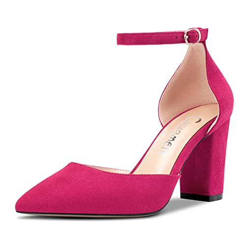 Castamere Damen Chunky Blockabsatz Hoher High Absatz Heel Spitze Zehenkappe Pumps Knöchelriemen Schnalle Hochzeit Party Sexy 8.5 cm Heels Magenta Rot A 39 EU von Castamere