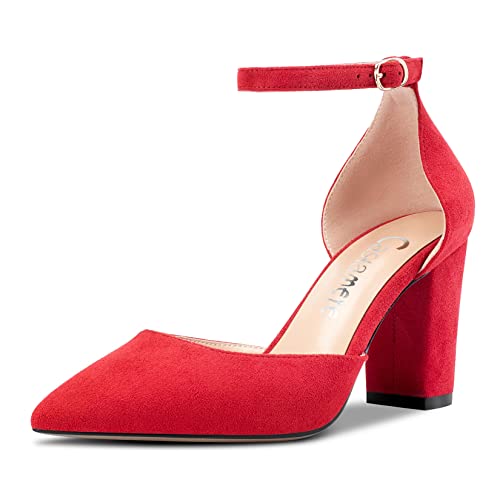 Castamere Damen Chunky Blockabsatz Hoher High Absatz Heel Spitze Zehenkappe Pumps Knöchelriemen Schnalle Hochzeit Party Sexy 8.5 cm Heels Rot 37 EU von Castamere