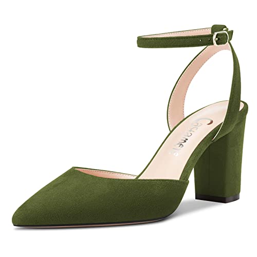 Castamere Damen Chunky Blockabsatz Hoher High Absatz Heel Spitze Zehenkappe Pumps Knöchelriemen Slingback Schnalle Hochzeit Party Sexy Dress Schuhe Grün Wildleder 39 EU von Castamere