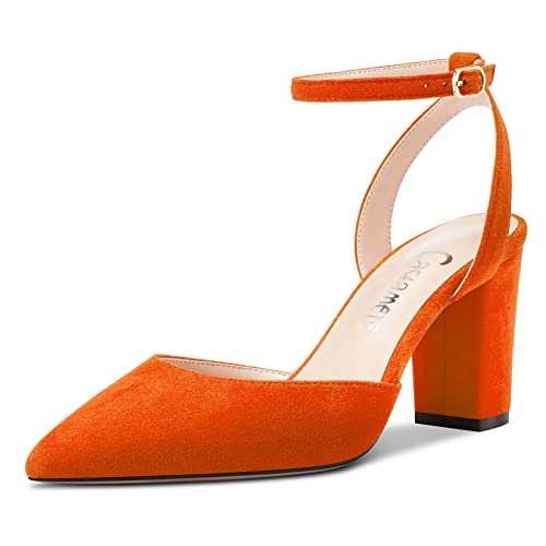 Castamere Damen Chunky Blockabsatz Hoher High Absatz Heel Spitze Zehenkappe Pumps Knöchelriemen Slingback Schnalle Hochzeit Party Sexy Dress Schuhe Orange 38 EU von Castamere