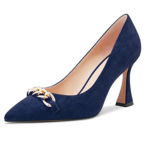 Castamere Damen Chunky Blockabsatz Hoher High Absatz Heel Spitze Zehenkappe Slip-on Pumps Dress Cute 8.5 cm Heels Navy Blau 44 EU von Castamere