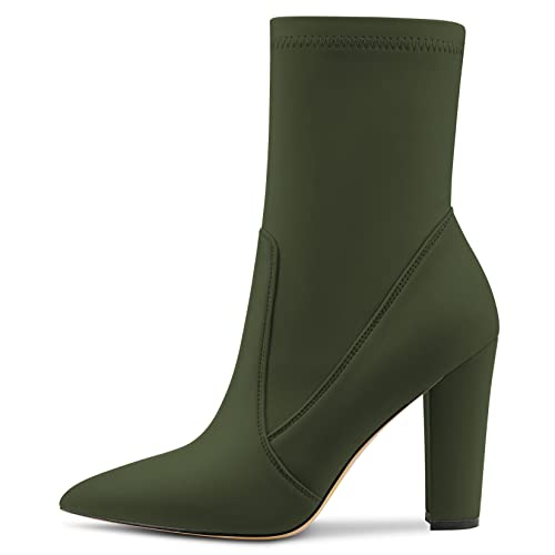 Castamere Damen Chunky Blockabsatz Hoher High Absatz Spitze Zehenkappe Stiefeletten Reißverschluss Slip-on Cute Dress Hochzeit Party Stiefel 10CM Dunkelgrün Satin 41 EU von Castamere