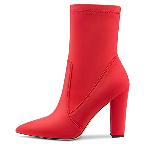 Castamere Damen Chunky Blockabsatz Hoher High Absatz Spitze Zehenkappe Stiefeletten Reißverschluss Slip-on Cute Dress Hochzeit Party Stiefel 10CM Rot Satin 40 EU von Castamere
