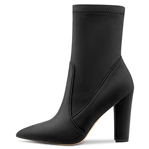 Castamere Damen Chunky Blockabsatz Hoher High Absatz Spitze Zehenkappe Stiefeletten Reißverschluss Slip-on Cute Dress Hochzeit Party Stiefel 10CM Schwarz Satin 36 EU von Castamere