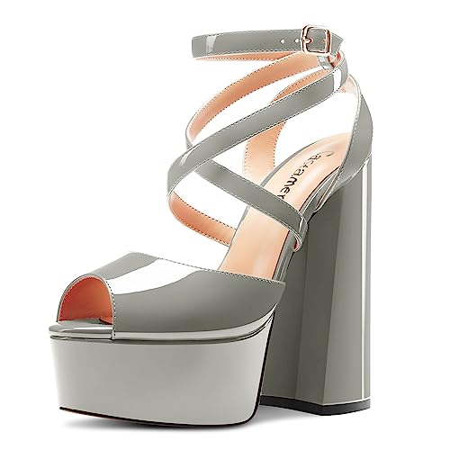 Castamere Damen Chunky Blockabsatz Hoher High Plateau Plattform Absatz Heel Peep Open Zehenkappe Knöchelriemen Kreuzriemen Schnalle Sandalen Schuhe Grau 39 EU von Castamere