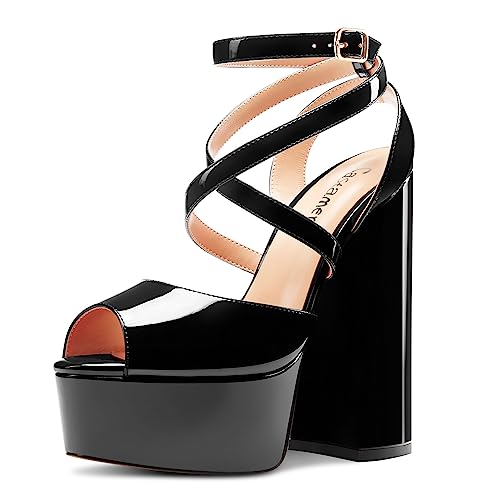 Castamere Damen Chunky Blockabsatz Hoher High Plateau Plattform Absatz Heel Peep Open Zehenkappe Knöchelriemen Kreuzriemen Schnalle Sandalen Schuhe Schwarz 37 EU von Castamere