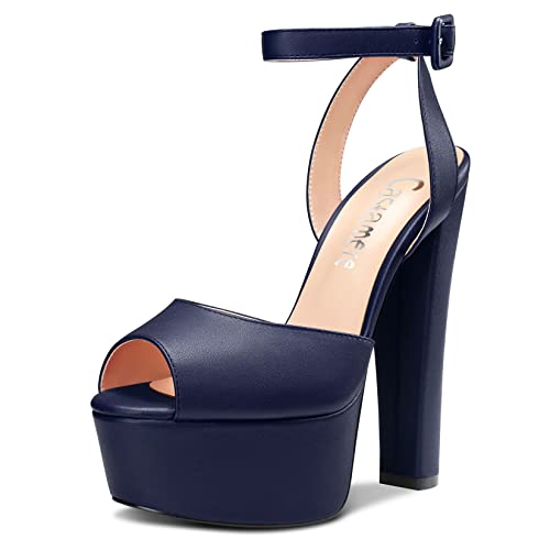Castamere Damen Chunky Blockabsatz Hoher High Plateau Plattform Absatz Heel Peep Open Zehenkappe Sandalen Knöchelriemen Slingback Schnalle Party Schuhe Blau 42 EU von Castamere