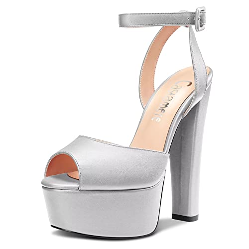 Castamere Damen Chunky Blockabsatz Hoher High Plateau Plattform Absatz Heel Peep Open Zehenkappe Sandalen Knöchelriemen Slingback Schnalle Party Schuhe Silber 37 EU von Castamere