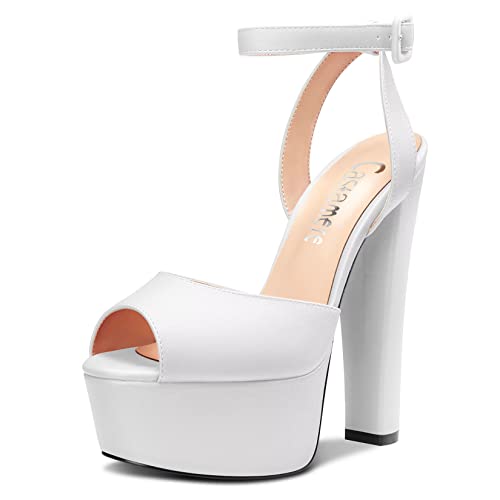 Castamere Damen Chunky Blockabsatz Hoher High Plateau Plattform Absatz Heel Peep Open Zehenkappe Sandalen Knöchelriemen Slingback Schnalle Party Schuhe Weiß 37 EU von Castamere