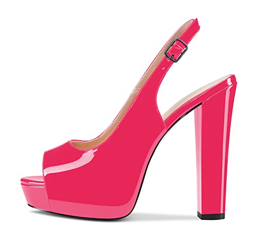 Castamere Damen Chunky Blockabsatz Hoher High Plateau Plattform Absatz Heel Peep Open Zehenkappe Sandalen Slingback Hochzeit Slip-on Pumps Clear Cute Dress Schuhe Magenta Rot Lackleder 42 EU von Castamere