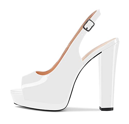 Castamere Damen Chunky Blockabsatz Hoher High Plateau Plattform Absatz Heel Peep Open Zehenkappe Sandalen Slingback Hochzeit Slip-on Pumps Clear Cute Dress Schuhe Weiß Lackleder 35 EU von Castamere