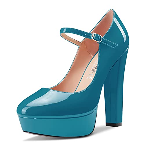 Castamere Damen Chunky Blockabsatz Hoher High Plateau Plattform Absatz Heel Runde Zehenkappe Knöchelriemen Mary Jane Schnalle Hochzeit Dress Schuhe Blau A 38 EU von Castamere