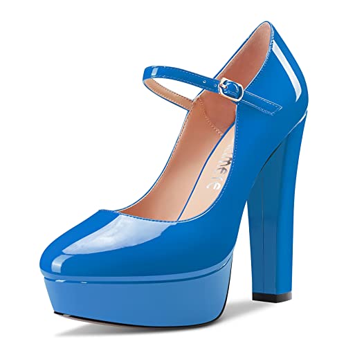 Castamere Damen Chunky Blockabsatz Hoher High Plateau Plattform Absatz Heel Runde Zehenkappe Knöchelriemen Mary Jane Schnalle Hochzeit Dress Schuhe Blau B 38 EU von Castamere