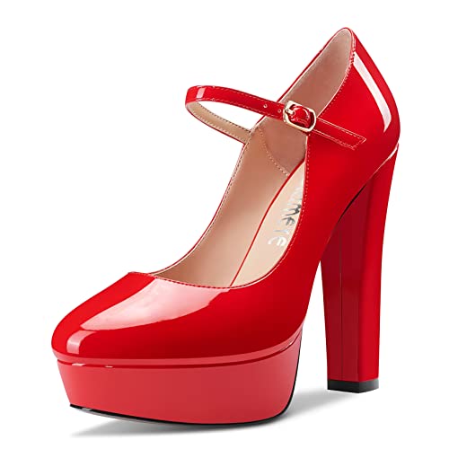 Castamere Damen Chunky Blockabsatz Hoher High Plateau Plattform Absatz Heel Runde Zehenkappe Knöchelriemen Mary Jane Schnalle Hochzeit Dress Schuhe Rot 36 EU von Castamere