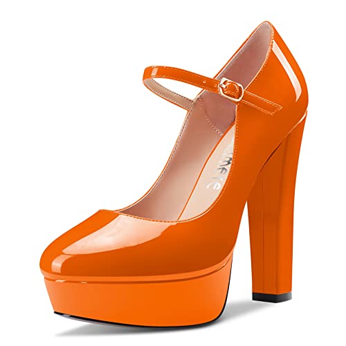 Castamere Damen Chunky Blockabsatz Hoher High Plateau Plattform Absatz Heel Runde Zehenkappe Knöchelriemen Mary Jane Schnalle Hochzeit Dress Schuhe Orange 42 EU von Castamere
