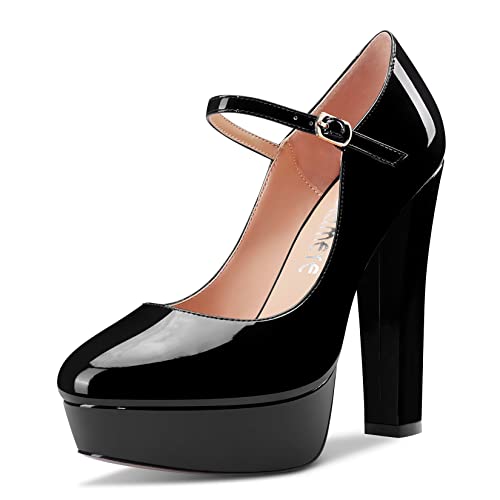 Castamere Damen Chunky Blockabsatz Hoher High Plateau Plattform Absatz Heel Runde Zehenkappe Knöchelriemen Mary Jane Schnalle Hochzeit Dress Schuhe Schwarz 44 EU von Castamere